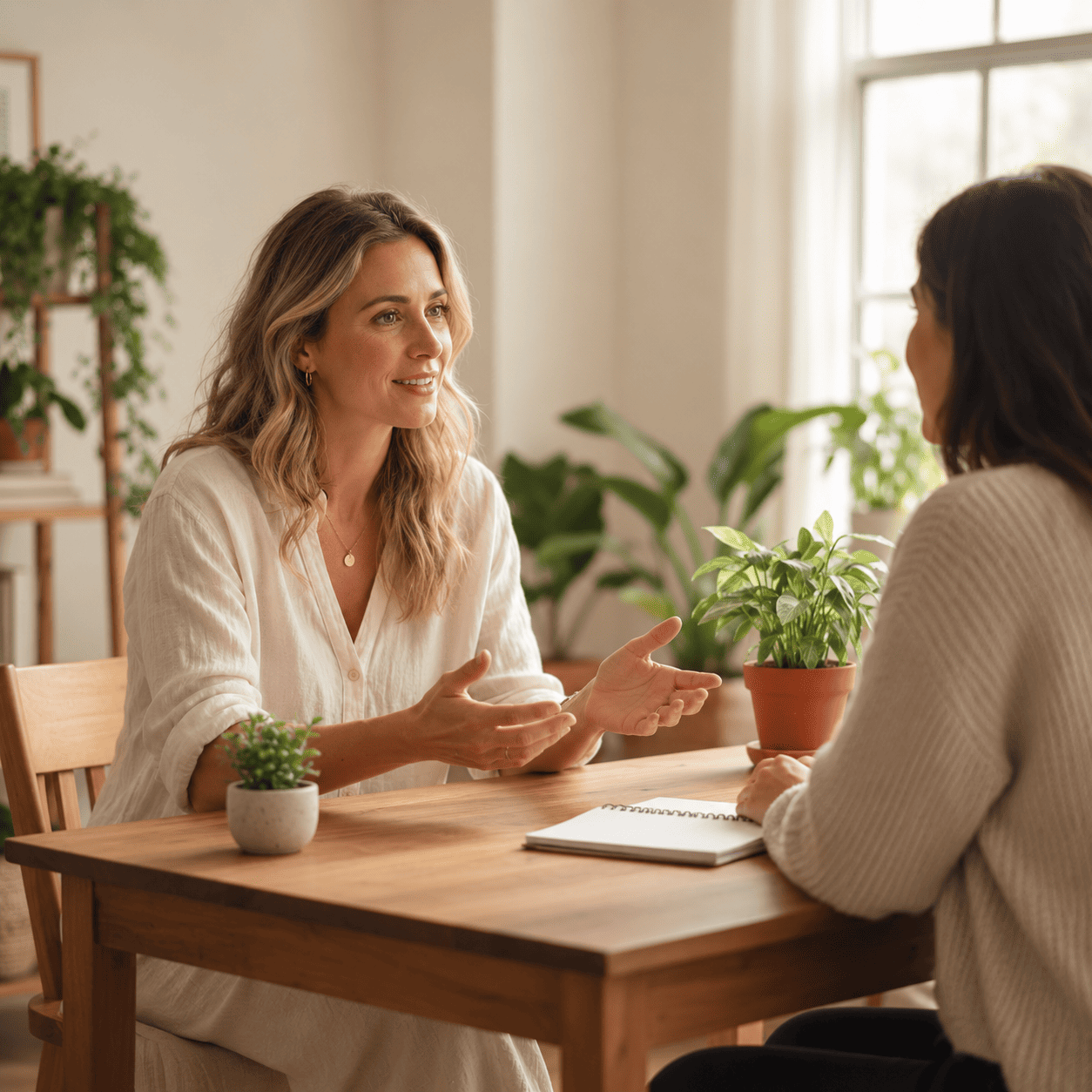 Momento di consulenza naturopatica in uno studio luminoso, atmosfera calma e professionale