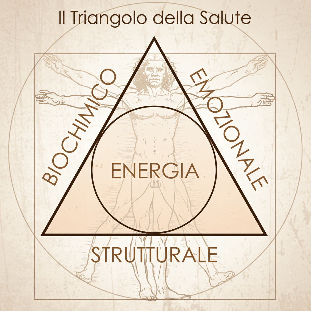 Diagramma elegante a triangolo che rappresenta corpo, funzioni fisiologiche e mente