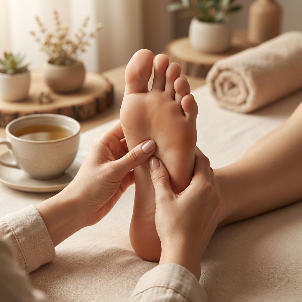 Trattamento di riflessologia plantare in uno studio olistico luminoso