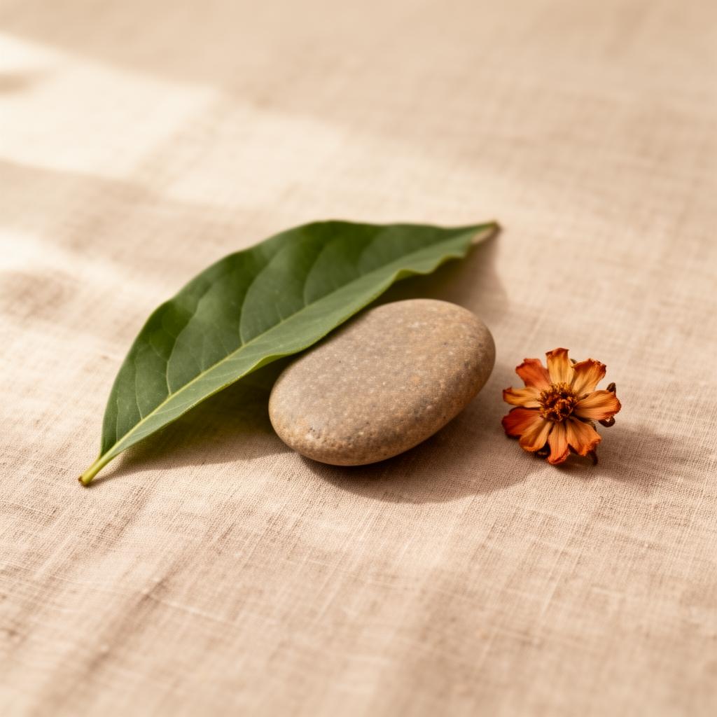 Foglia, pietra e fiore essiccato disposti su lino beige, simbolo dell'unità di corpo, funzioni e mente